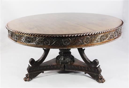 A mid 19th century Anglo Indian carved padouk wood circular breakfast table, W.5ft